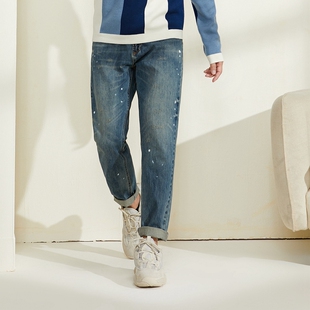 2024春秋潮牌男士洗水复古做旧休闲牛仔裤 潮流泼墨喷点印花男裤