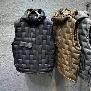 90白鸭绒斜拉链压印轻薄连帽羽绒马甲冬季男士2025大码背心羽绒服