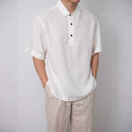 能盟日式复古套头纽扣POLO衬衫男夏季莱赛尔含麻短袖男装衬衫上衣