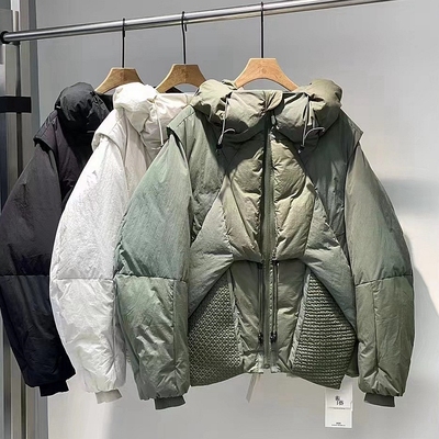 美式复古连帽拼接假两件羽绒服