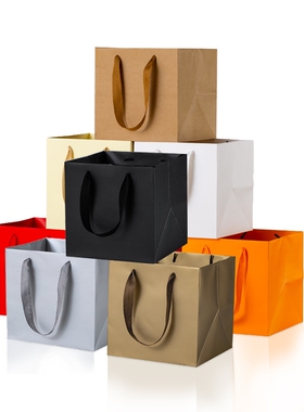 正方形手提礼品袋牛皮纸袋红色鲜花袋子插花用大号礼物袋包装袋子