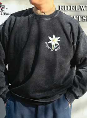 Vintage复古德国雪绒花重磅卫衣男美咔叽美式春秋宽松男士印花T恤