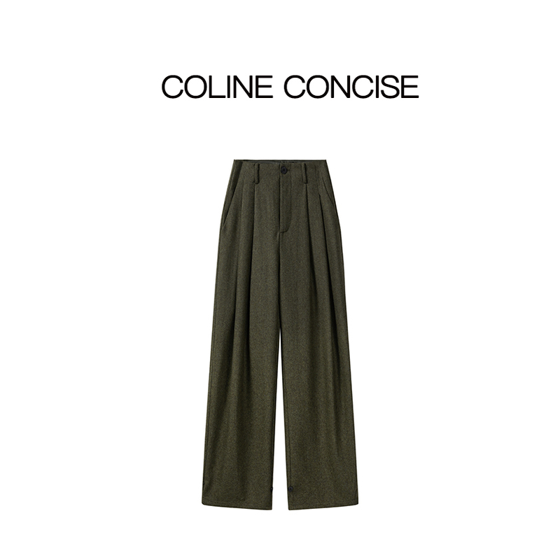 COLINE CONCISE 绿色肌理感小众设计直筒休闲裤25FW