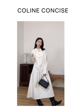 COLINE CONCISE 2026早春新品立体艺术花瓣领白色连衣裙