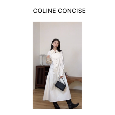 COLINE CONCISE 2026早春新品立体艺术花瓣领白色连衣裙