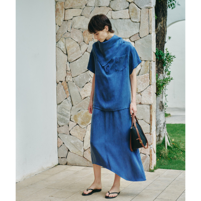 COLINE CONCISE｜莱赛尔绒感宽松衬衫/斜裁半裙藏蓝套装