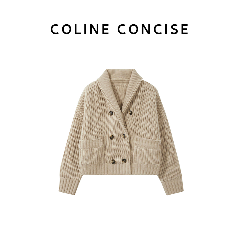 COLINE CONCISE重工粗针100%澳洲羊毛双排扣翻领毛衣