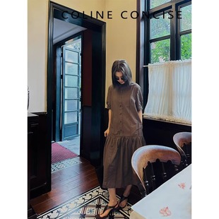 COLINE CONCISE小众设计款古着感仿植物染橄榄绿肌理连衣裙Z88173