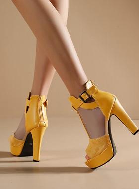 夏季新款女士凉鞋粗高跟黄蓝黑白色防水台鱼嘴网纱夜店宴会女鞋子