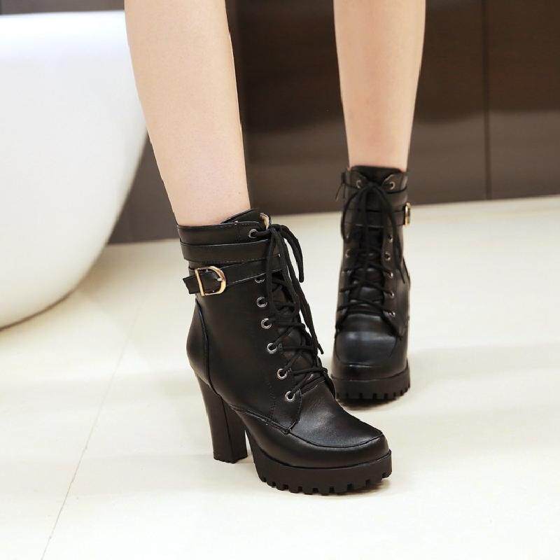 SWEET BOOTIES WOMENS FALL-WINTER 2019 PLATFORM MARTIN BOOTS LACE-UP HIGH HEELED BLOCK HEEL RIDER BOOTS WHITE BOOTIES