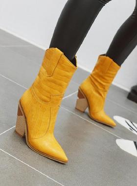 新款黄色女靴子鳄鱼纹高跟皮靴粗跟尖头中筒靴大码44 45 46 47 48