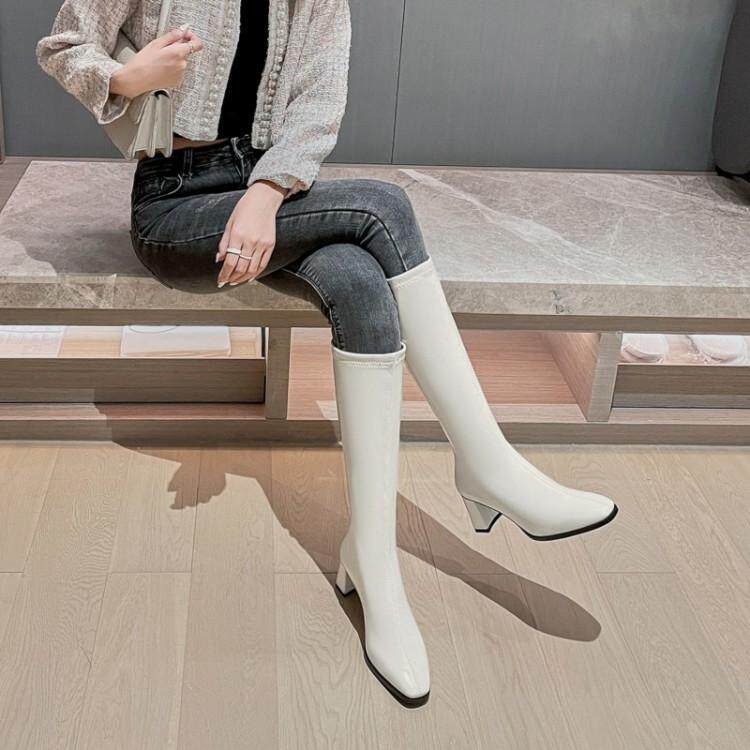 白色长靴女2021秋冬新款高跟骑士靴粗跟高筒皮靴显瘦不过膝女靴子