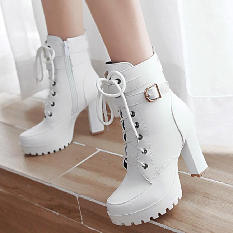 SWEET BOOTIES WOMENS FALL-WINTER 2019 PLATFORM MARTIN BOOTS LACE-UP HIGH HEELED BLOCK HEEL RIDER BOOTS WHITE BOOTIES