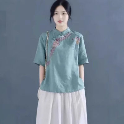 夏季纯棉短袖女上衣民族风盘扣刺绣衬衣宽松棉麻复古文艺大码衬衫