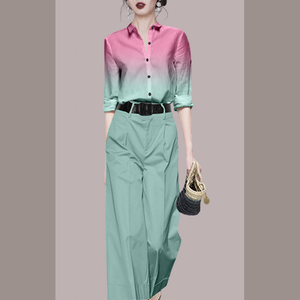 RM18701#夏季新款时尚短袖直筒长裤高腰通勤纯色套装