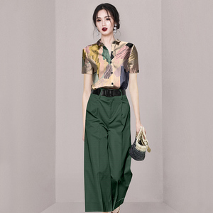 RM18716#直筒单排扣短袖长裤阔腿裤通勤套装