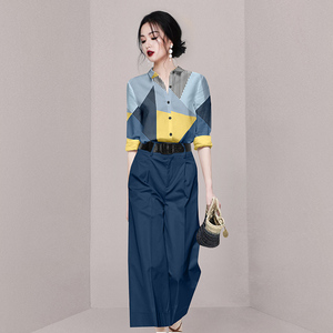 RM18702#单排扣惊艳短袖长裤阔腿裤高腰通勤套装