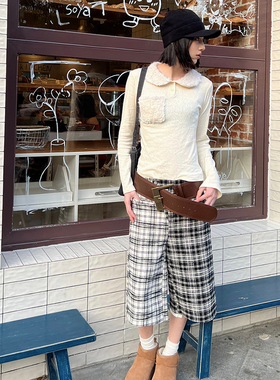 Rustle Interlude黑白格纹直筒七分短裤阔腿过膝中裤