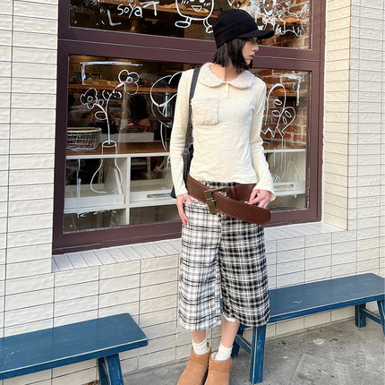 Rustle Interlude黑白格纹直筒七分短裤阔腿过膝中裤
