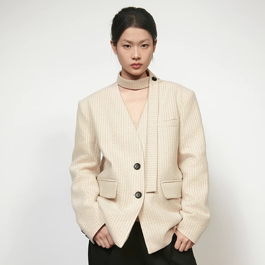 RUSTLE INTERLUDE无领羊毛毛呢西装外套女2025新款宽松慵懒风休闲