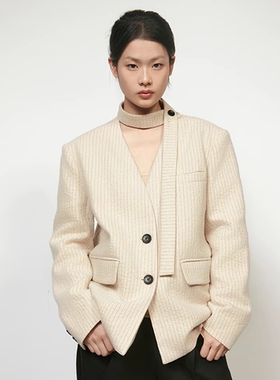 RUSTLE INTERLUDE 无领围巾羊毛棉西装外套