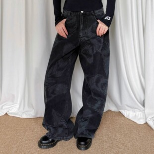 RUSTLE猫尾巴图案烧花水洗宽松筒形裤 复古休闲百搭弹力牛仔裤