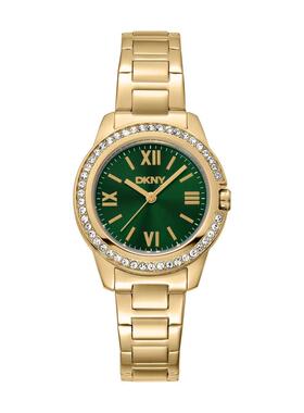 代购DKNY唐可娜儿女士腕表防水三针石英夜光金色钢带镶钻绿色