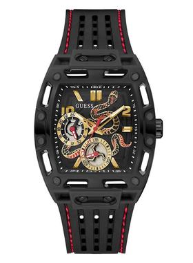 代购GUESS男士腕表计时夜光日期多时区黑色橡胶带镂空红色缝线