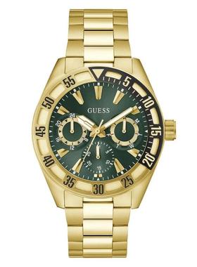 代购GUESS男士腕表计时日期夜光多针金属钢带绿色金色商务休闲