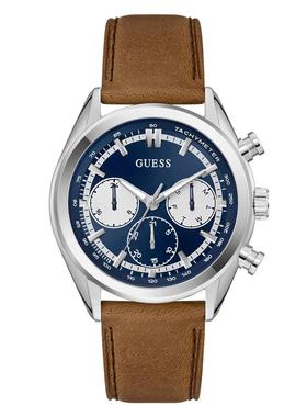 代购GUESS男士腕表计时日期测速夜光皮带蓝色金属棕色商务休闲