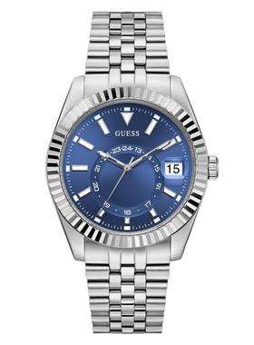 代购GUESS男士腕表日期计时24小时夜光钢带金属蓝色防水商务休闲