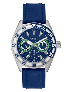 代购GUESS男士腕表计时夜光日期多时区硅胶蓝色钢壳皮质商务运动