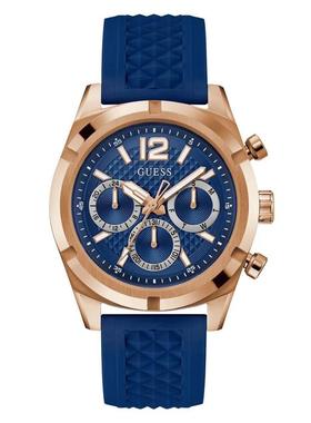 代购GUESS男士腕表计时日期星期多时区蓝色硅胶带玫瑰金防水商务