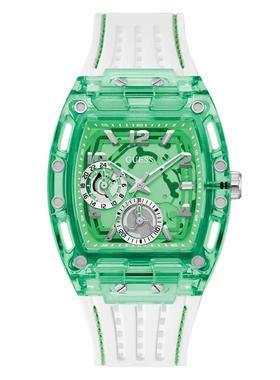 代购GUESS男士腕表计时日期夜光双时区透明硅胶绿色防水运动休闲