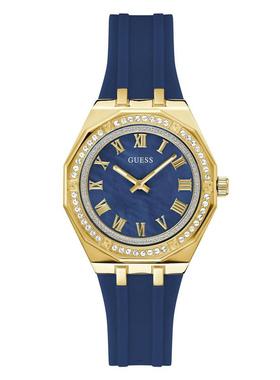 代购GUESS女士腕表时间夜光防水日期蓝色金属皮带镶钻商务日常