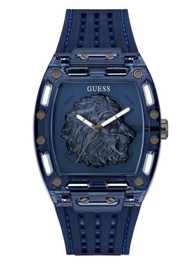 代购GUESS男士腕表计时夜光日期防水蓝色硅胶透明金属商务休闲