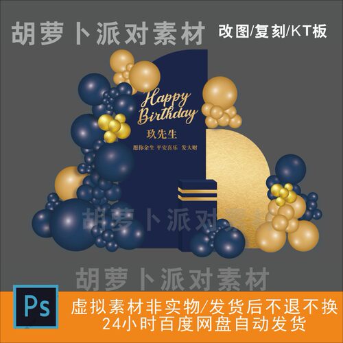 深蓝金色气球派对高级个性男士绅士生日宴素材效果图PS源文件素材