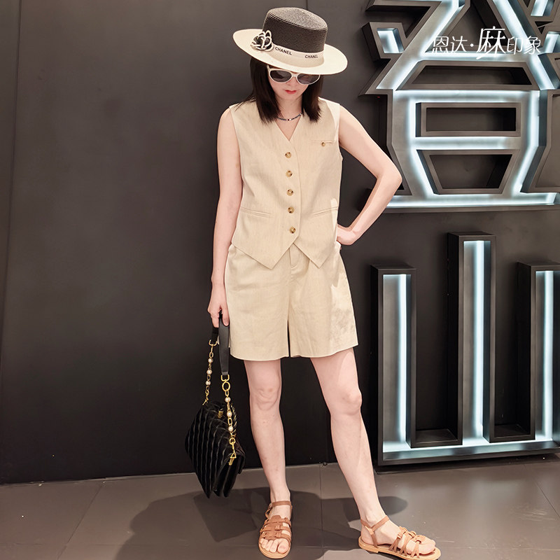 棉麻女上衣春夏老钱风背心短裤两件套V领马甲无袖上衣时尚套装