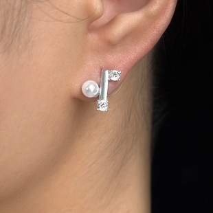 百分比 厚镀真金珍珠锆石平衡木高级感耳钉小众轻奢无耳洞耳夹