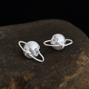 小行星 厚镀真金星球土星拉丝工艺高级感耳钉小众轻奢无耳洞耳夹