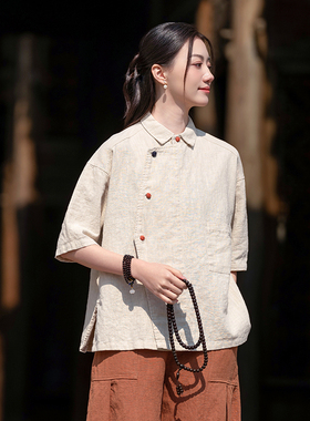 2026年设计感小众盘扣短袖上衣紫色中式斜扣衬衫夏季百搭翻领衬衣