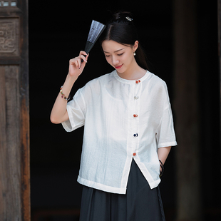 新中式 上衣 女高級(jí)設(shè)計(jì)感小眾天絲亞麻襯衫 圓領(lǐng)斜襟盤扣棉麻短袖