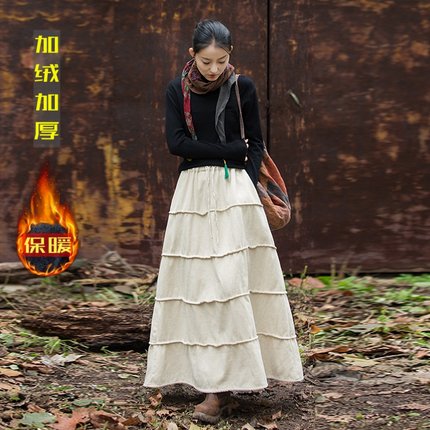 大码冬季加绒加厚半身裙女2024新款高腰a字显瘦中长裙棉麻棉半裙