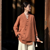 上衣V领系绳外套 复古禅意交领斜襟盘扣新中式 26春秋棉麻女装 衬衫