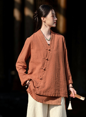 25春秋棉麻女装衬衫复古禅意交领斜襟盘扣新中式上衣V领系绳外套