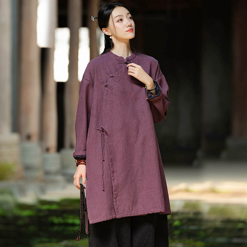 盘扣连衣裙加绒上衣中式加厚棉麻