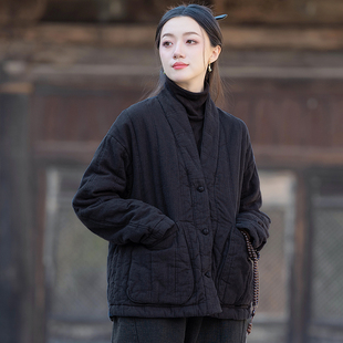 加厚棉衣 棉麻复古V领斜襟盘扣禅茶服短款 新中式 夹棉女冬2025新款