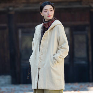 棉麻盘扣中长款 外套女冬季 夹棉宽松中长款 棉服厚 连帽棉衣复古中式