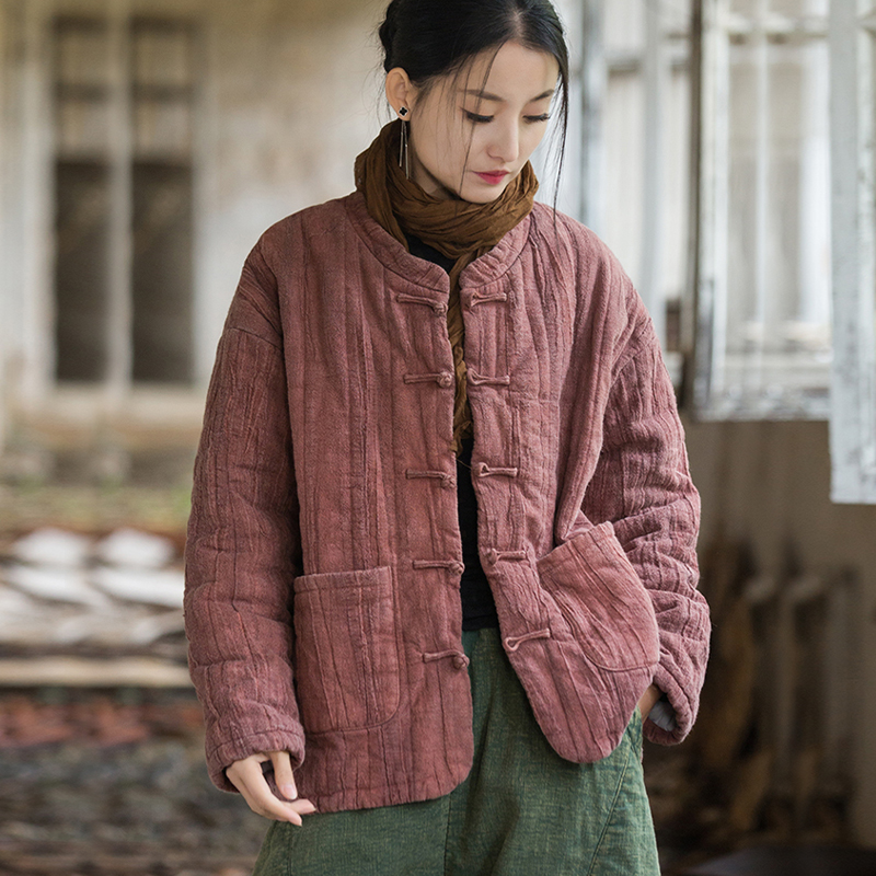 盘扣短款棉衣棉麻中式宽松夹棉