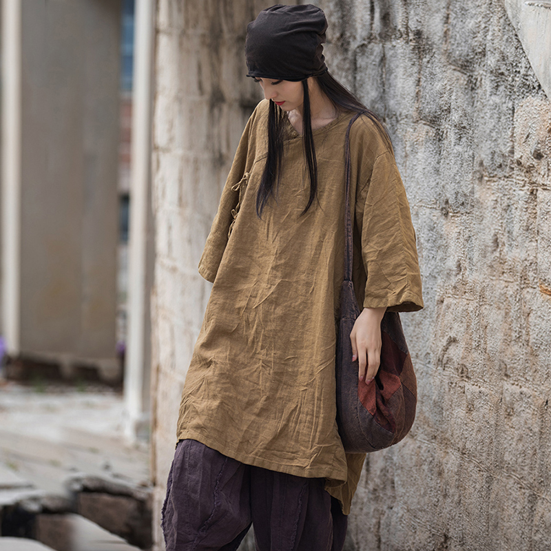 中国风盘扣斜襟棉麻短袖衬衫女大T恤系带茶服禅意宽松中长款上衣